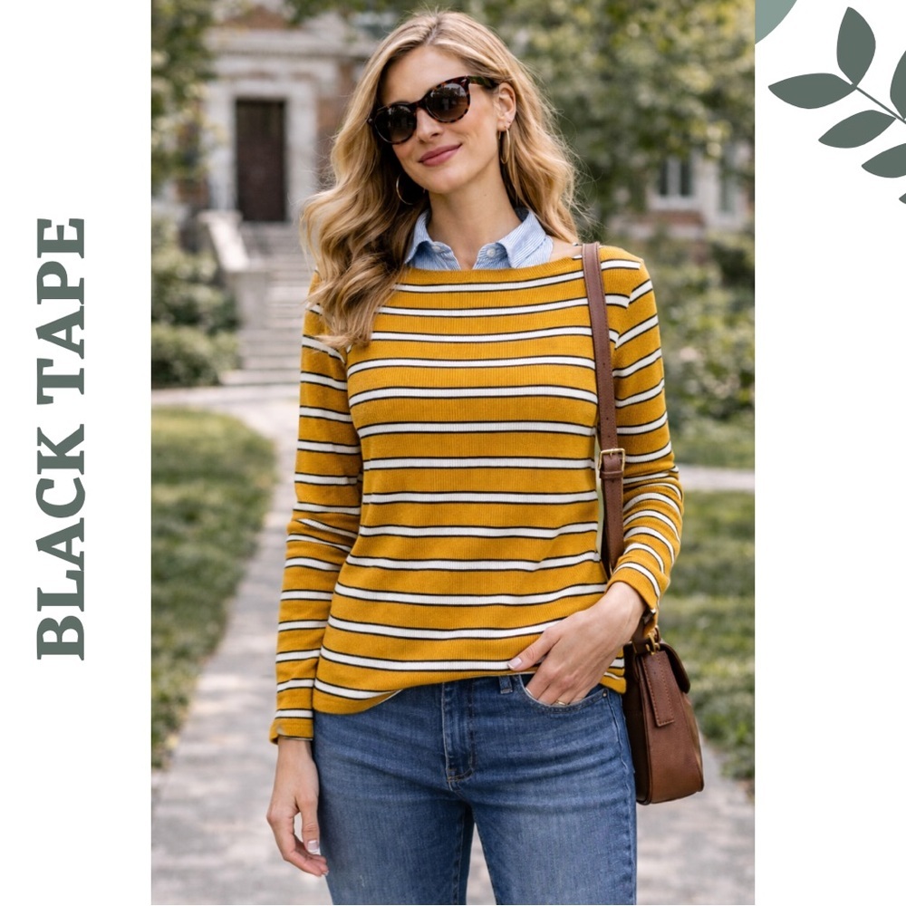 Black Tape Mustard Stripe Knit Sweater Large Preppy